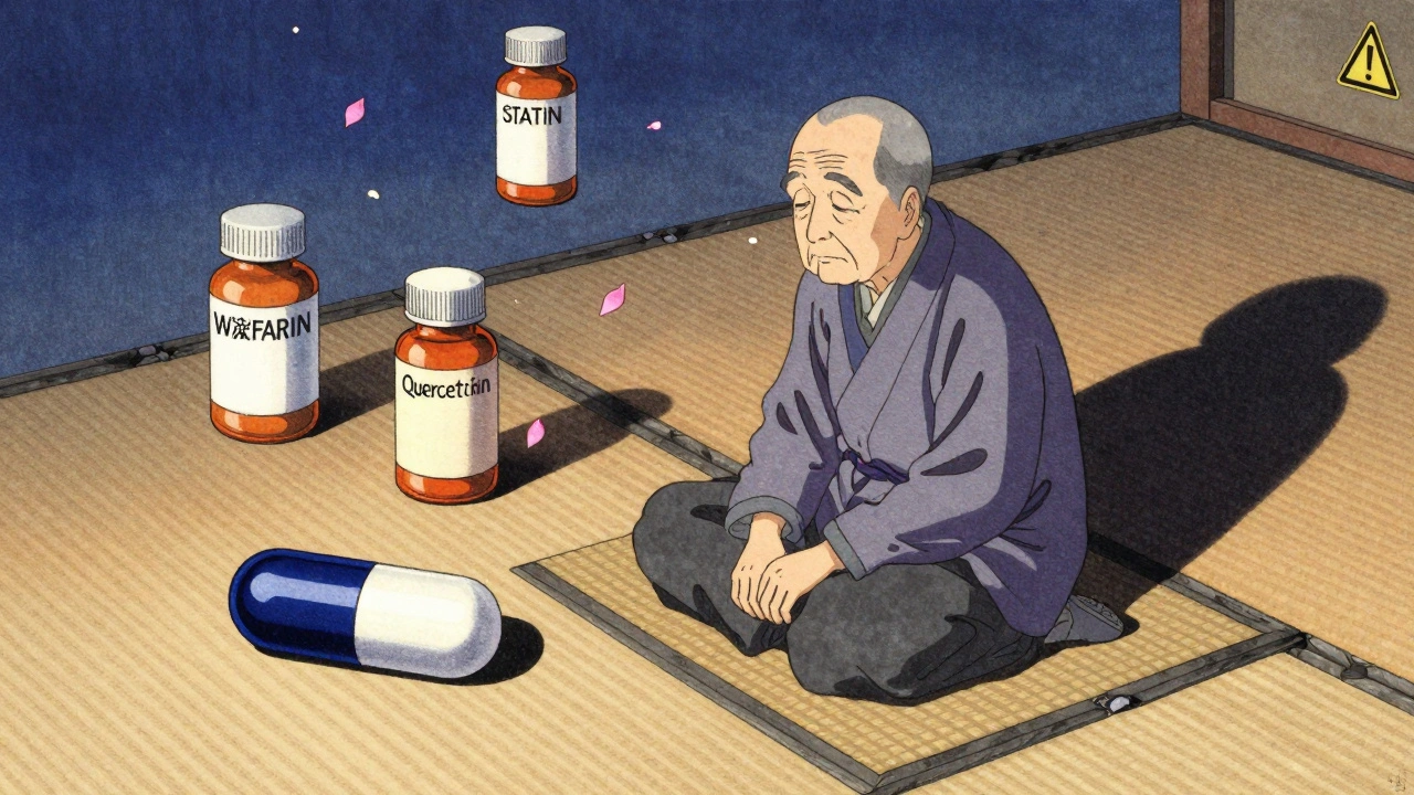 Elderly person on tatami with medication bottles and a large quercetin capsule casting a shadow in ukiyo-e art.