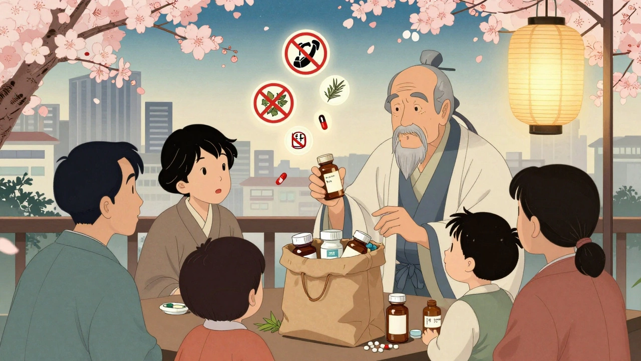 Family and pharmacist reviewing medications in a brown bag, floating warning symbols above.