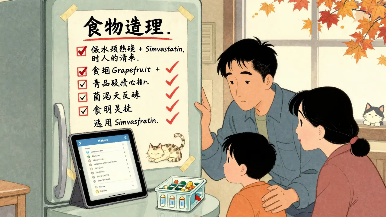 Family viewing a colorful food-medication checklist on a refrigerator with digital app visible in background.