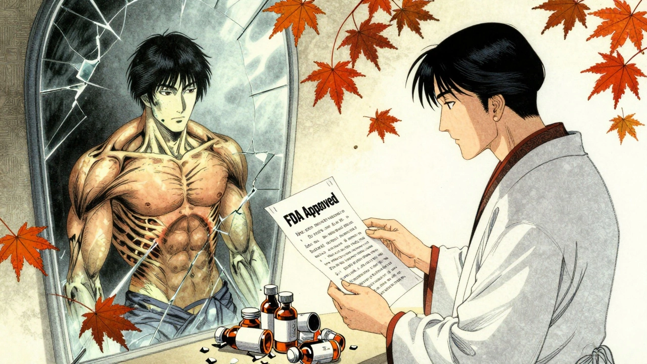 Fractured mirror showing healthy vs. frail body, pharmacist holding FDA warning, falling leaves.