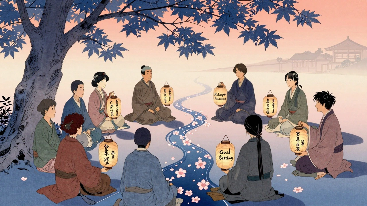 Group of people holding lanterns with CBT strategies under a tree, surrounded by floating cherry blossoms.