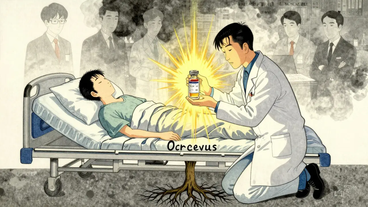 Oncologist beside sleeping patient with glowing Ocrevus vial, while insurance figures fade into ink clouds and a life-giving tree grows below.