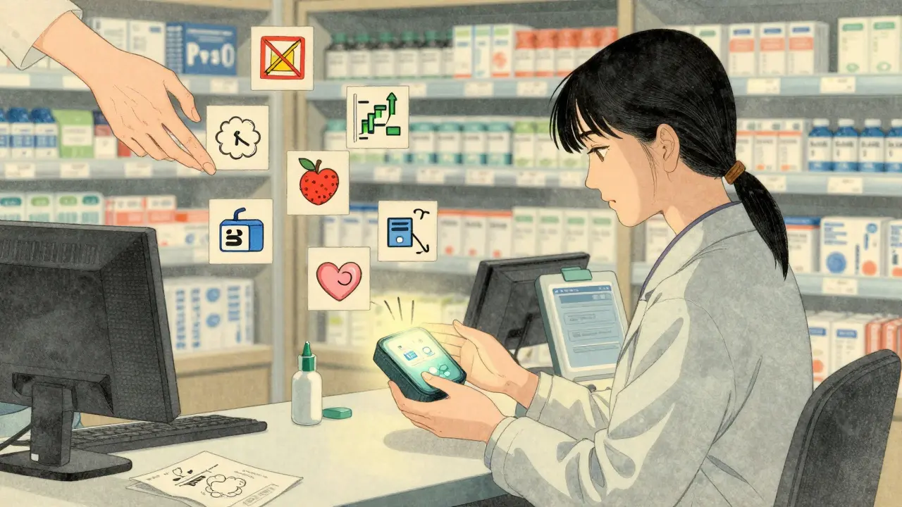 Patient at pharmacy with smart pill dispenser, surrounded by supportive icons in soft traditional colors.