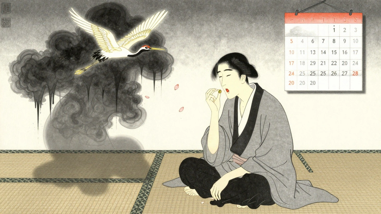 Patient on tatami mat with ink-cloud nausea and crane symbolizing adaptation over time.