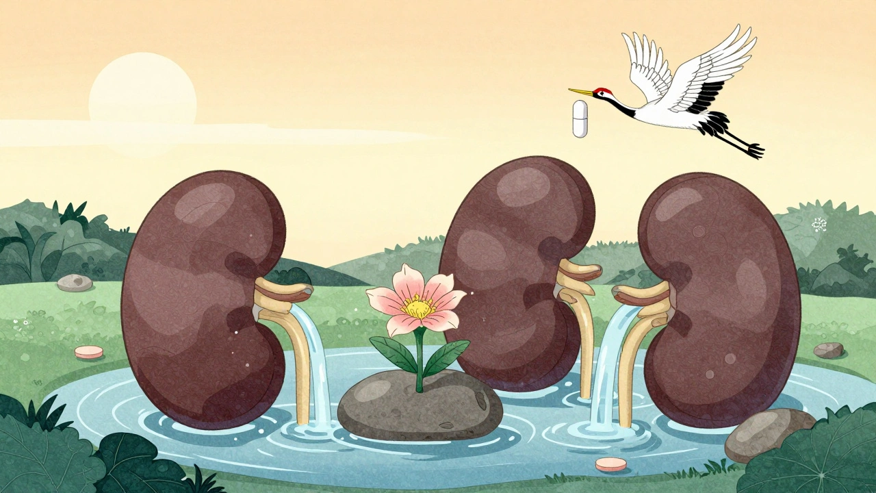 Patient swapping thiazide stone for losartan flower, water flowing through kidney stones.