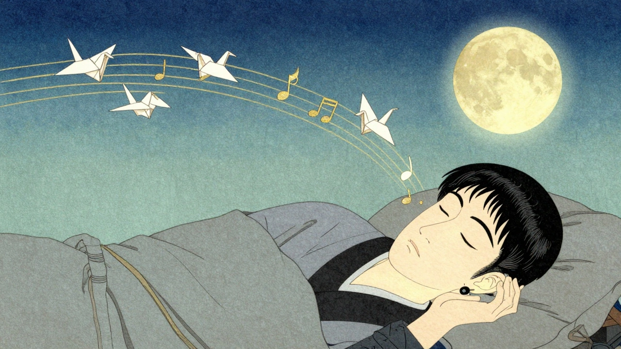 Person sleeping with invisible implant, sound rising as paper cranes made of music toward the moon, symbolizing restored hearing without external devices.