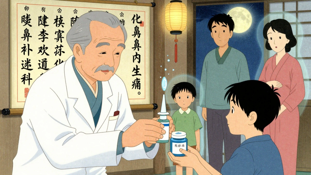 Pharmacist gives nasal care items to patient, with illustrated list of medications in calligraphic style behind them.