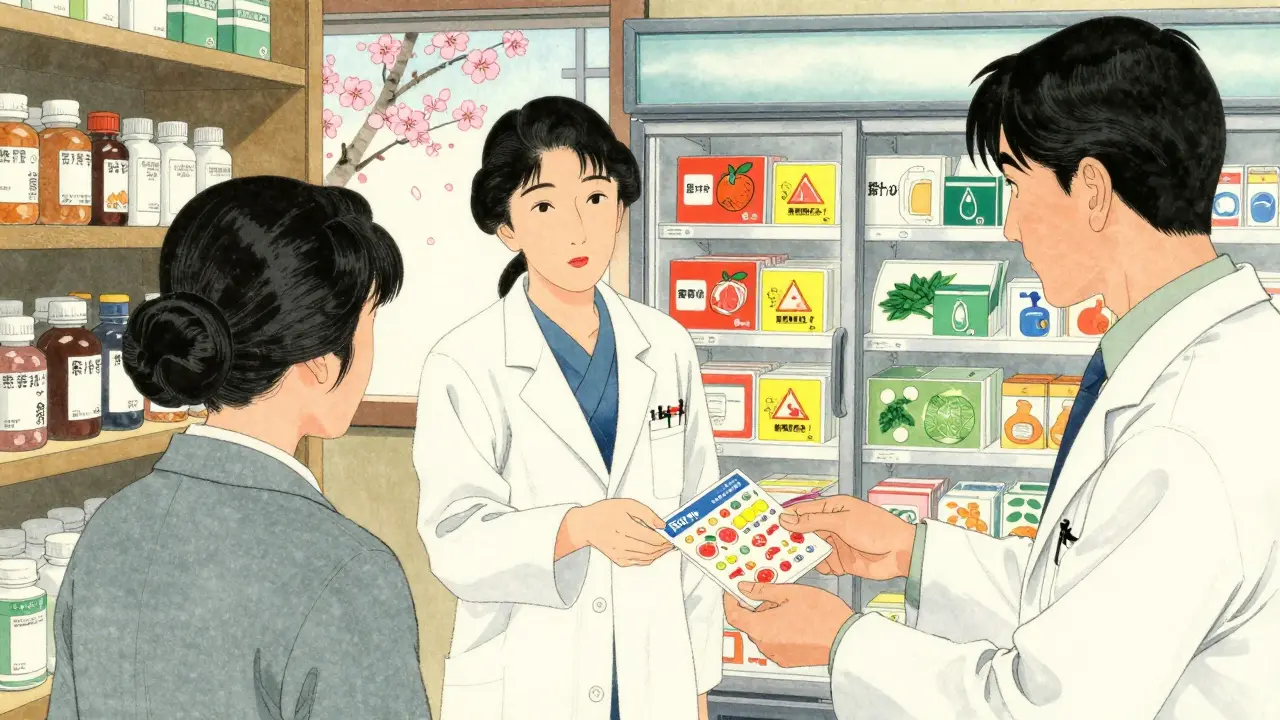 Pharmacist giving a laminated food-drug interaction card to a patient in a cozy pharmacy with fridge labels.