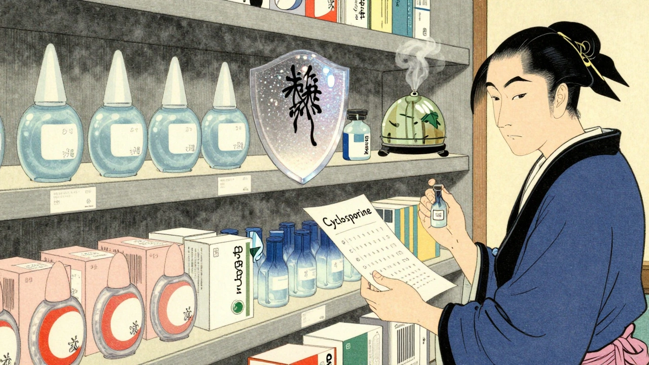 Pharmacy shelf with eye drops styled as ukiyo-e prints, doctor offering prescription to patient.