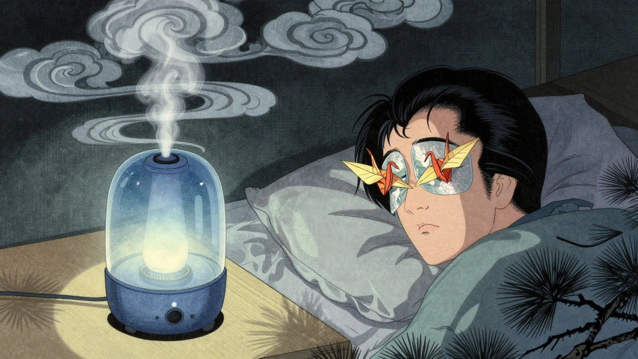 Sleeping person with humidifier and warm compresses, steam rising as ink-wash clouds above bed.