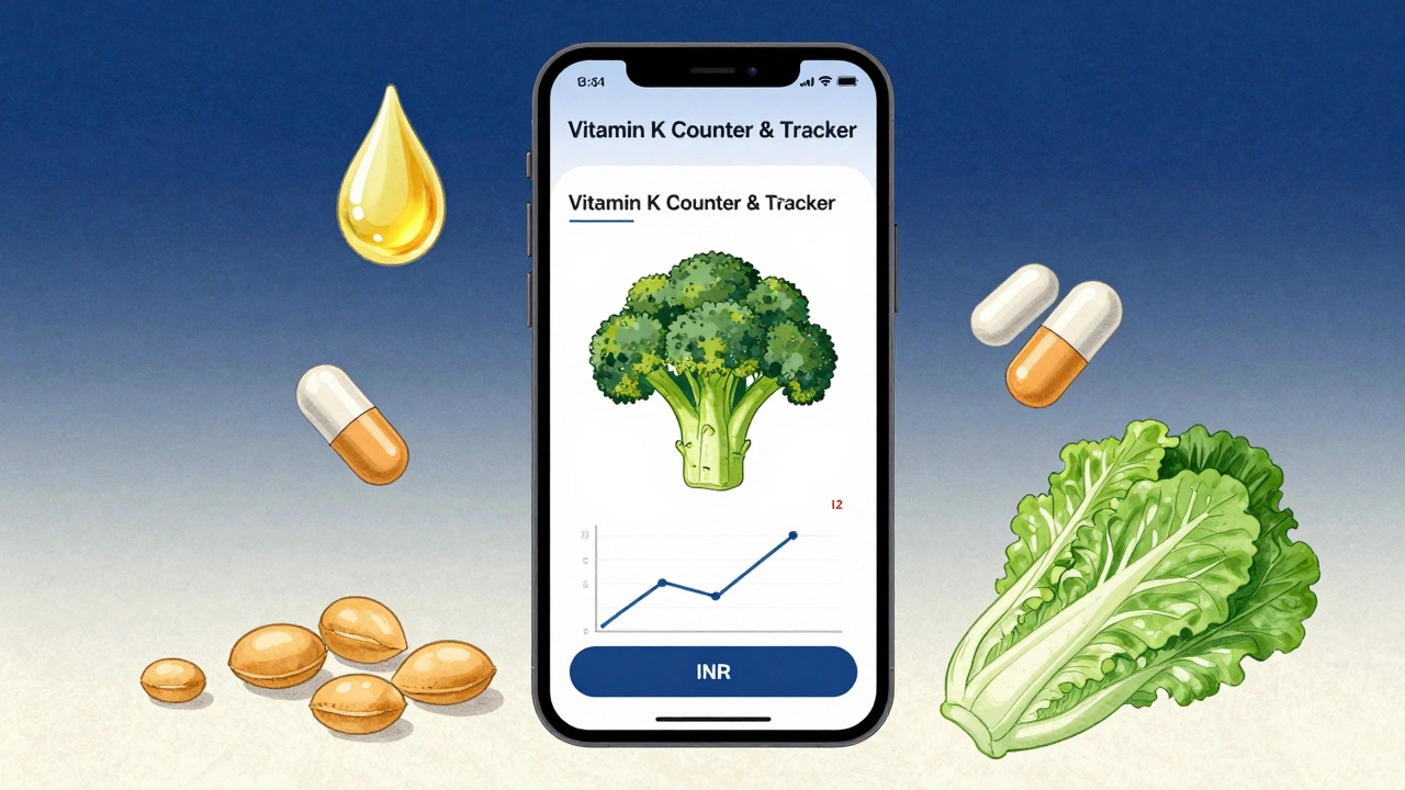 Smartphone showing a vitamin K tracking app with floating food icons against a soft ink-wash background.