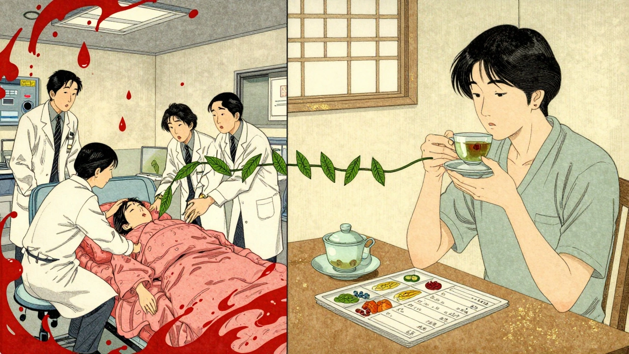 Split scene: chaotic ER on one side, calm home with food log on the other, connected by green leafy threads.