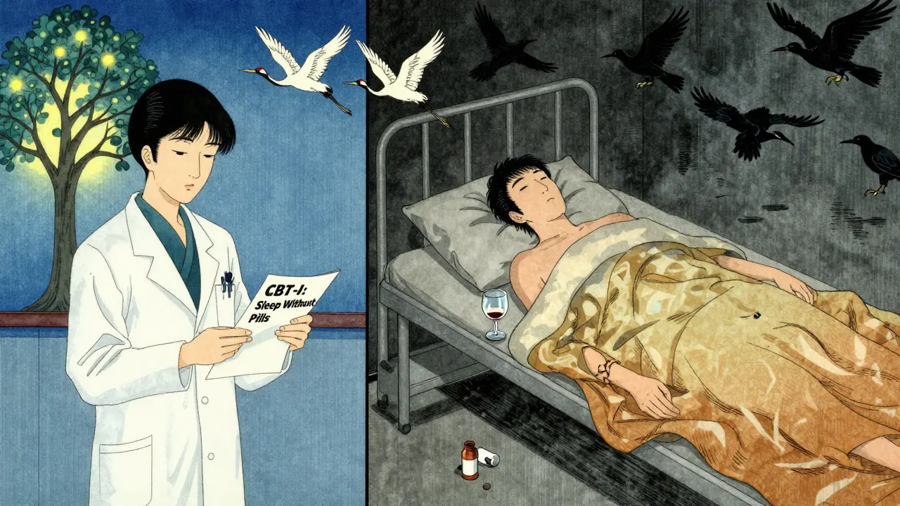Split scene: peaceful CBT-I therapy vs. tragic ER scene with wine and pills in ukiyo-e style.