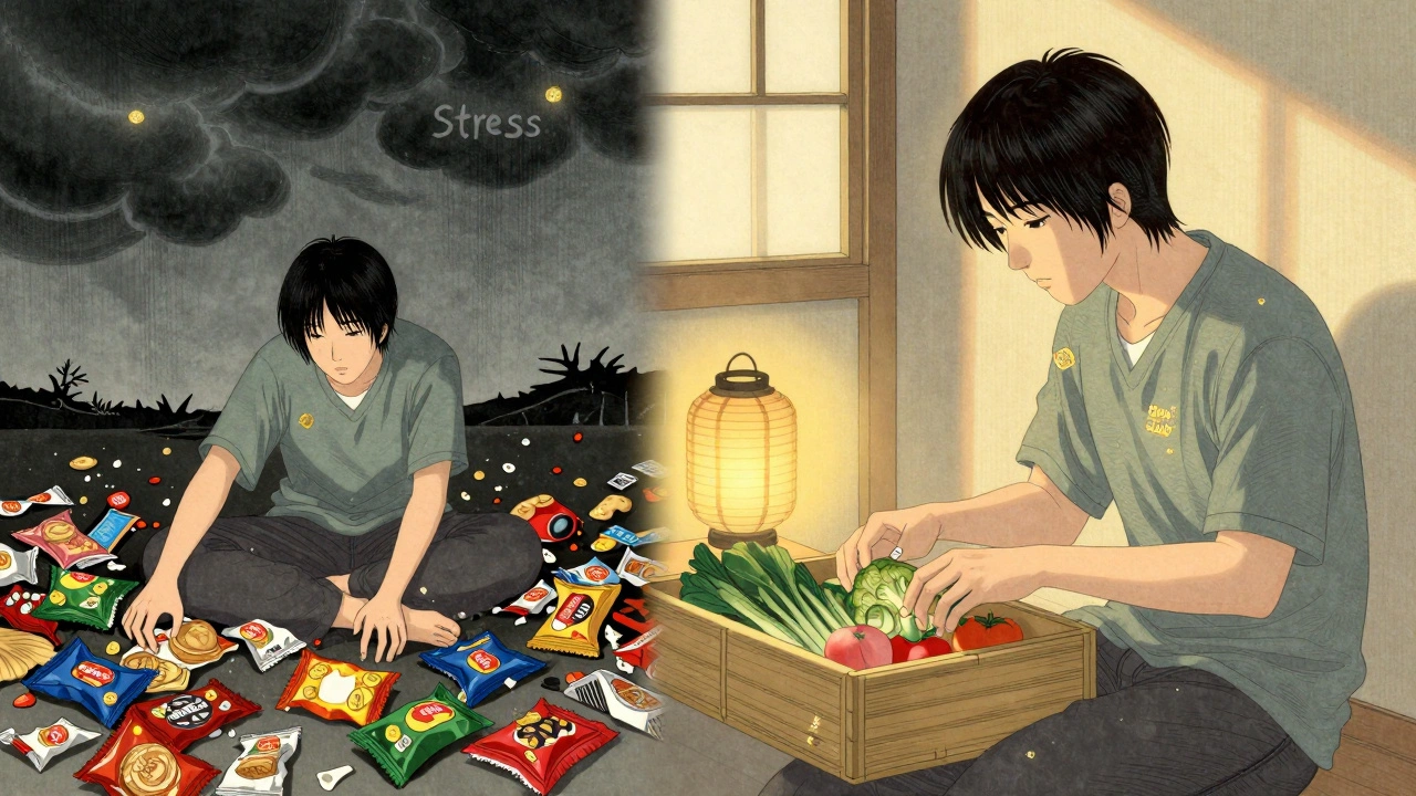 Split scene showing chaotic snacking vs. organized healthy food setup with a glowing lantern.