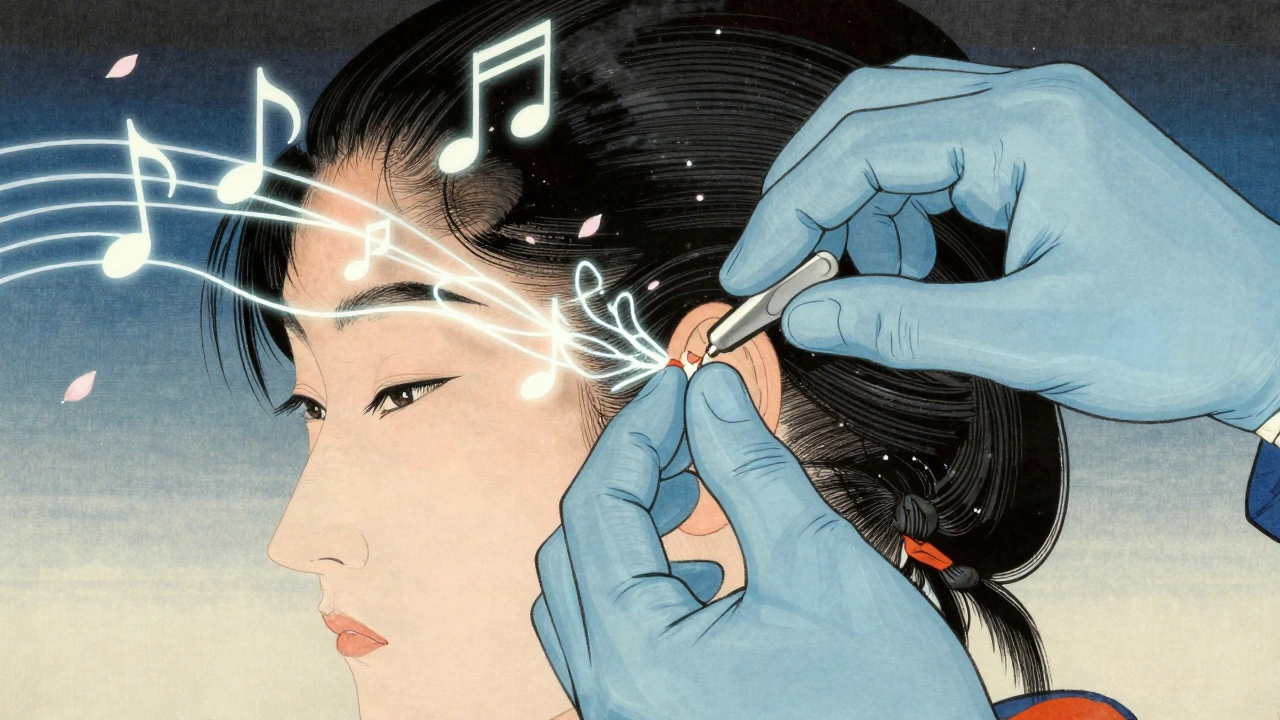 Surgeon placing cochlear implant with musical notes and electrical pathways like cherry blossoms.