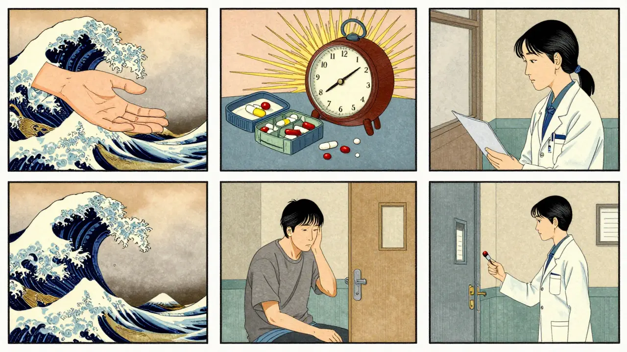 Three-panel scene showing medication adherence stages with ukiyo-e waves and cultural motifs.