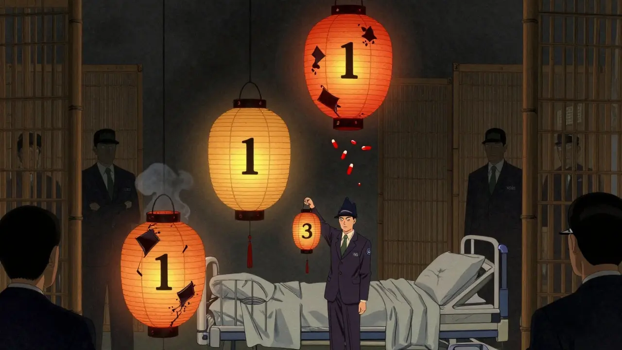 Three paper lanterns represent drug recall classes, with the top one shattering over a hospital bed, in ukiyo-e style.