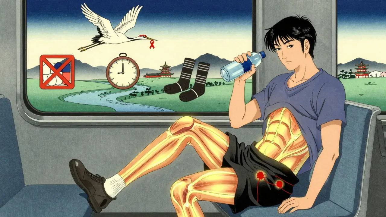 Traveler doing calf exercises to prevent blood clots, ukiyo-e landscape in background