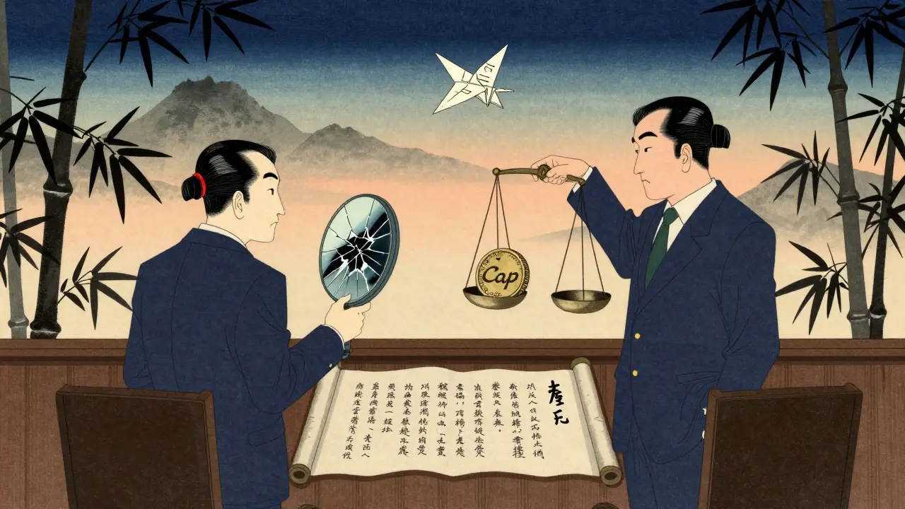Two figures in suits facing each other across a legal scroll, with a scale tipped by a coin and a paper crane above.