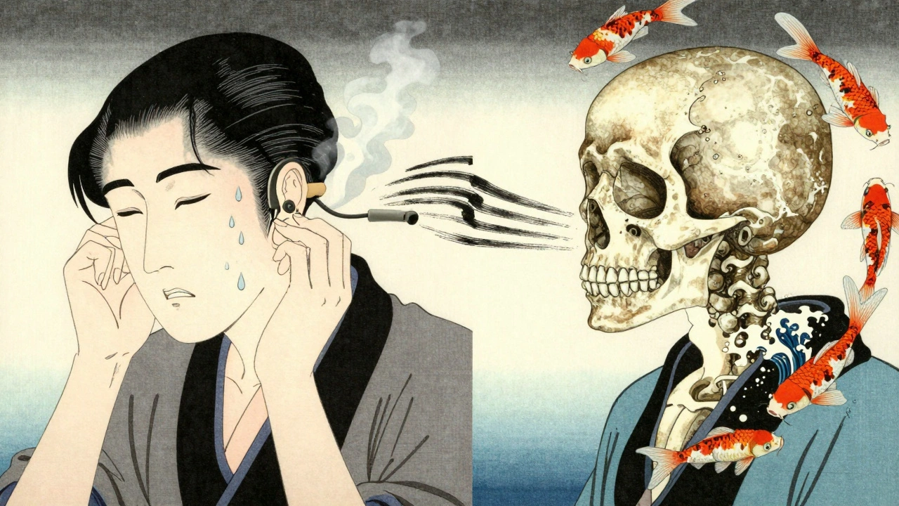 Two figures: one with infected ear and failed hearing aid, another with bone-conduction device sending sound through skull to a wave-shaped cochlea with koi fish.