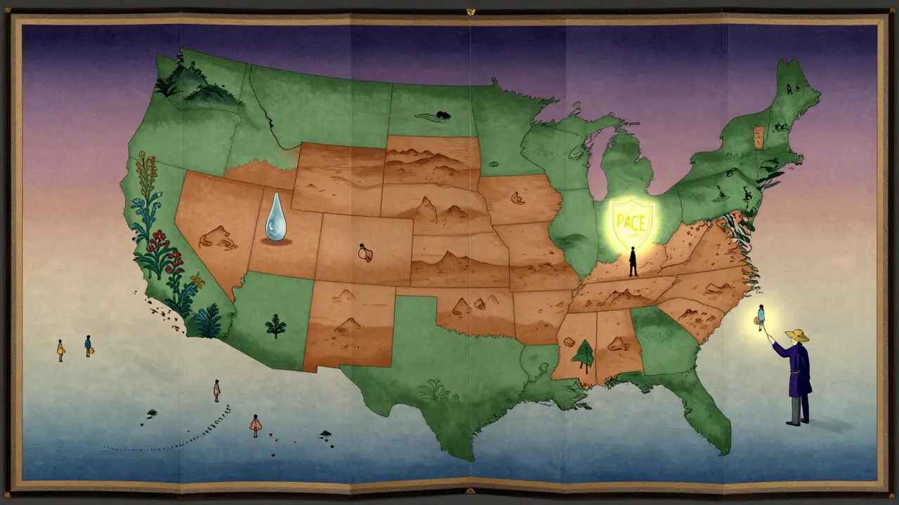 U.S. map as folding screen with state-specific medicinal landscapes and figures navigating between them.