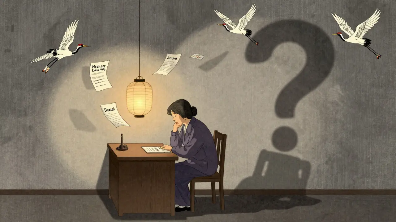 Woman at desk surrounded by denial documents, her shadow a question mark, lantern light casting soft glow.