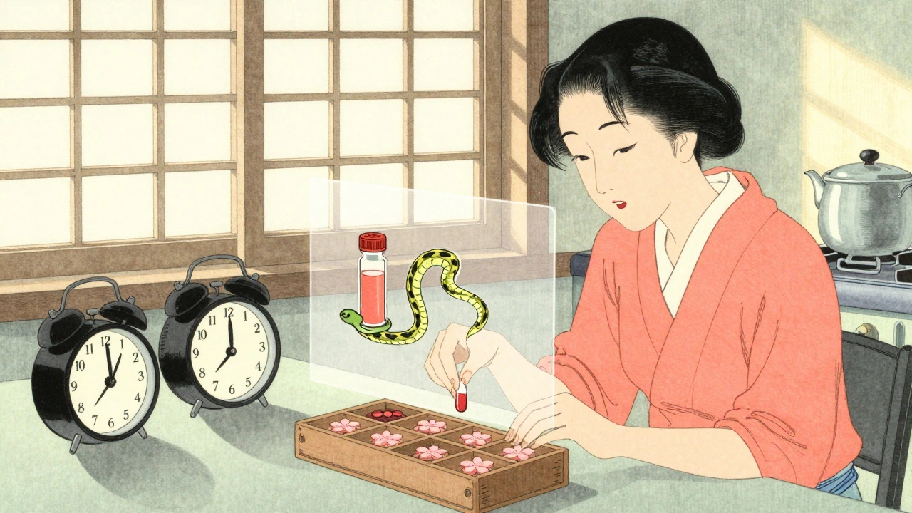 Woman using a carved wooden pill organizer with alarm clocks shaped like cranes at dawn.