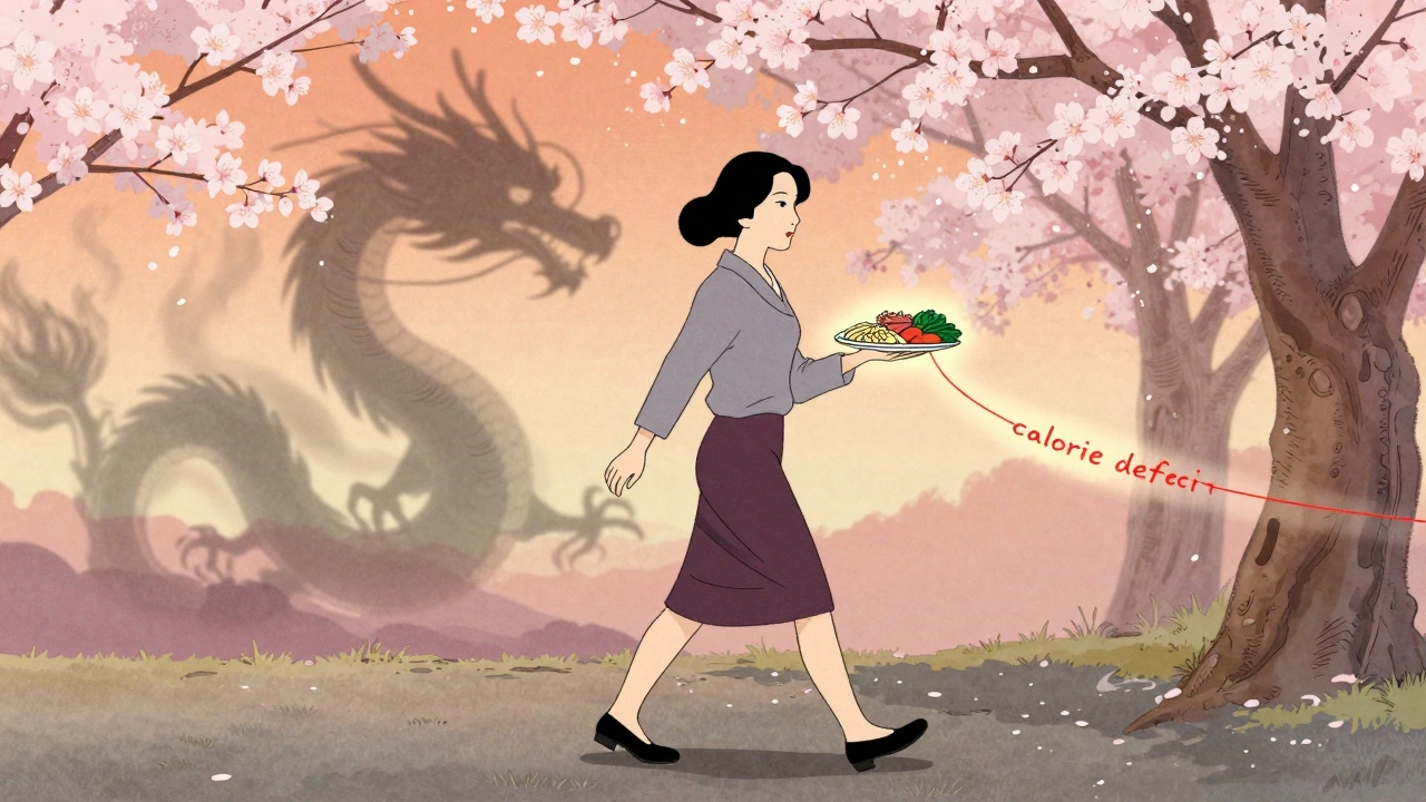Woman walking past cherry blossoms, releasing a red thread labeled 'calorie deficit', dragon fading behind.