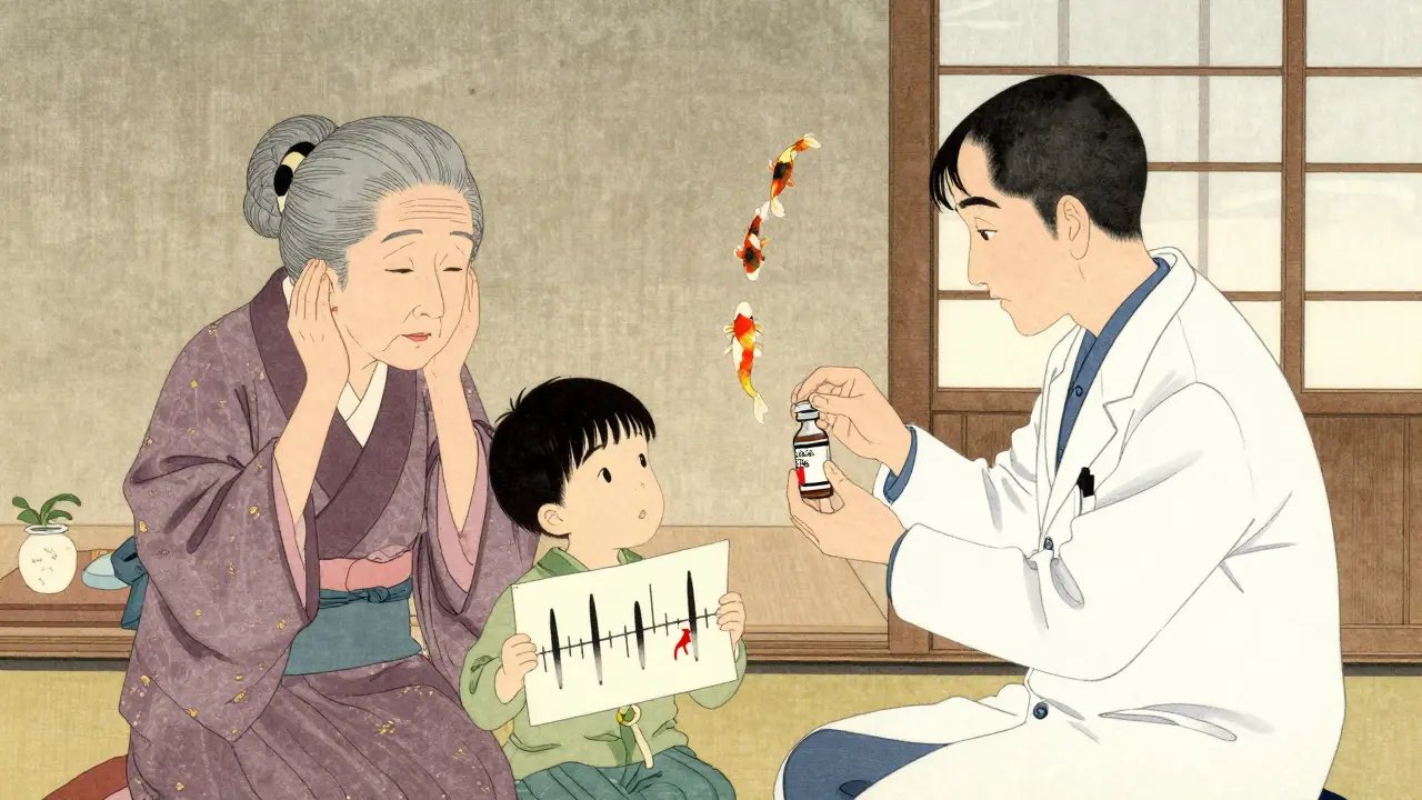 A family in a Japanese home receives gentamicin as a child holds a hearing chart with fading koi fish.