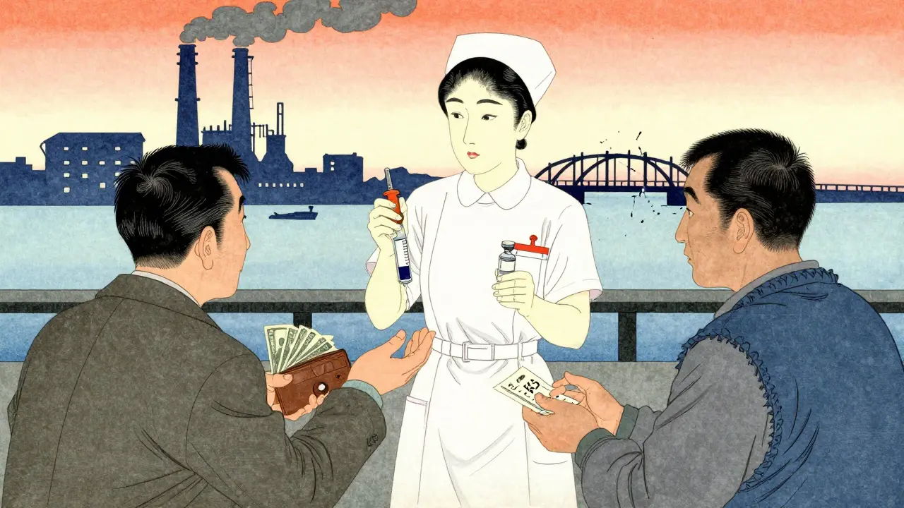 A nurse holds two insulin vials as two patients reach for them, symbolizing unequal access amid rising drug costs.