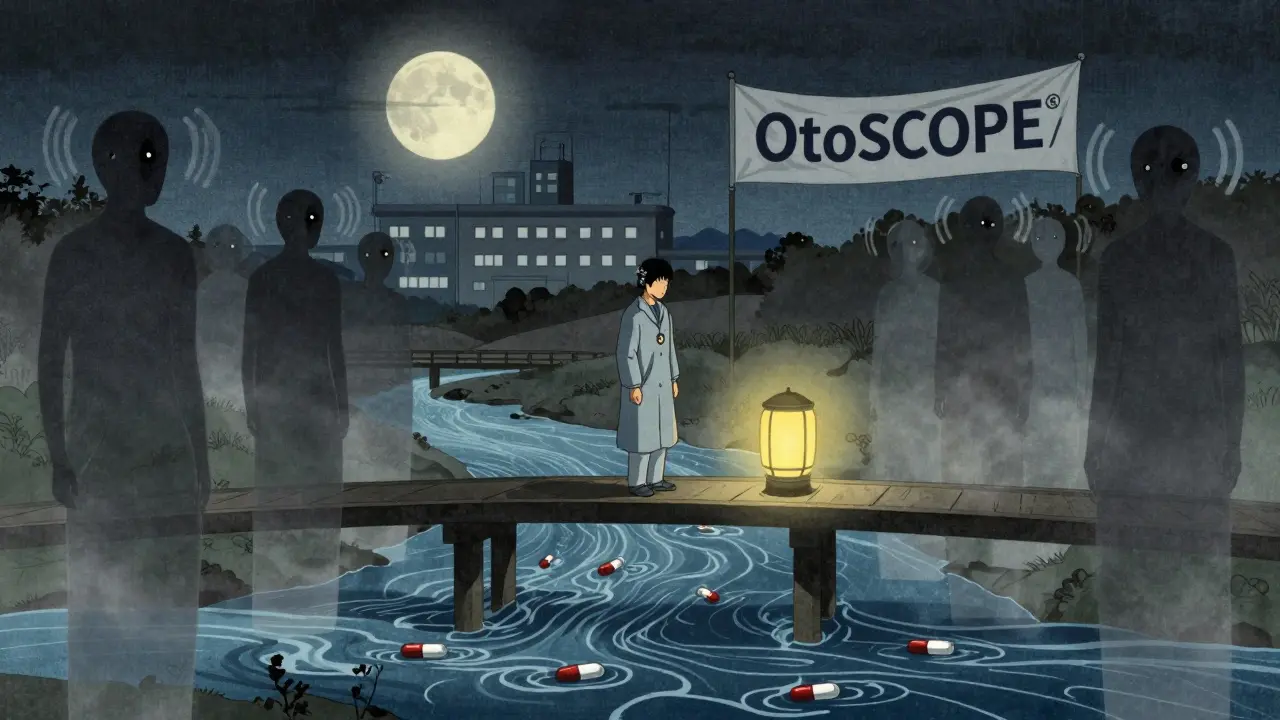 A patient on a bridge over drug molecules, surrounded by silent ghosts, with a single protective lantern glowing.