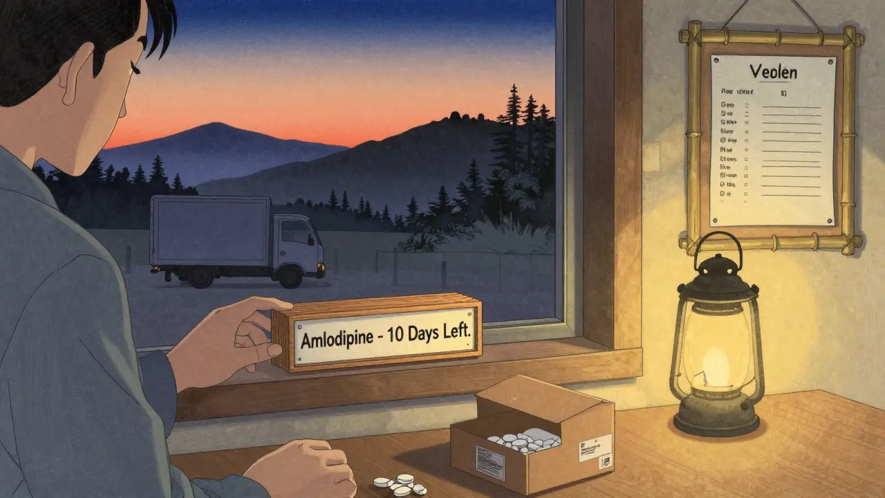 A person setting a refill reminder block near a mail-order box, with a medication list and warm lantern in a tranquil home.