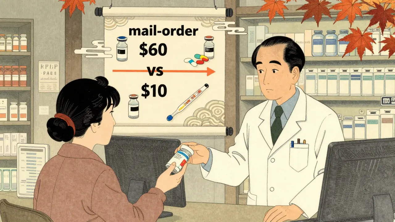 A pharmacist handing a 90-day medication supply at a local pharmacy, with price comparison scrolls and floating medical icons.