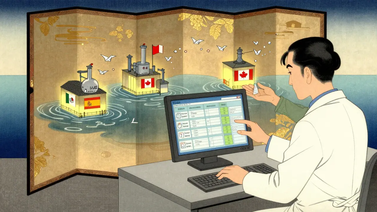 A pharmacist monitors digital inventory alerts on a folding-screen display, with factories sending medicine packets like paper cranes.