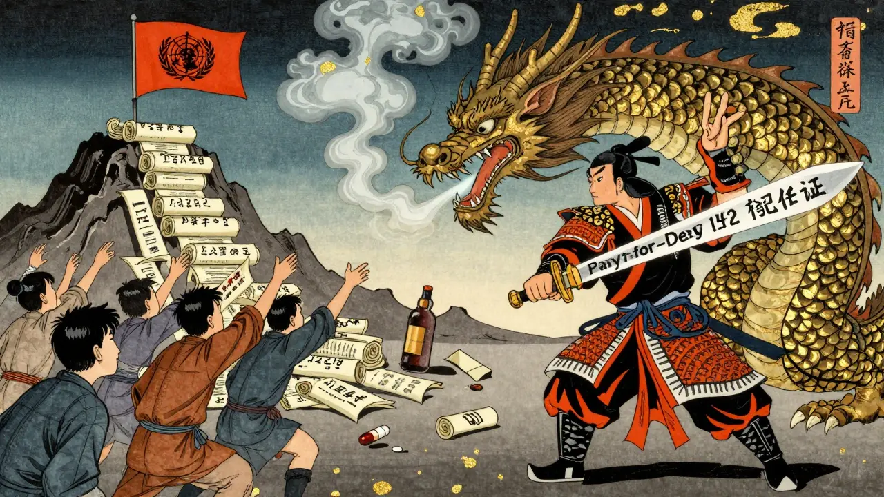 A samurai fights a corporate dragon over access to medicine, with patients watching.