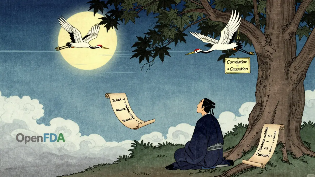 A scholar under a moonlit tree surrounded by floating drug side effect reports, with a crane carrying a warning sign.