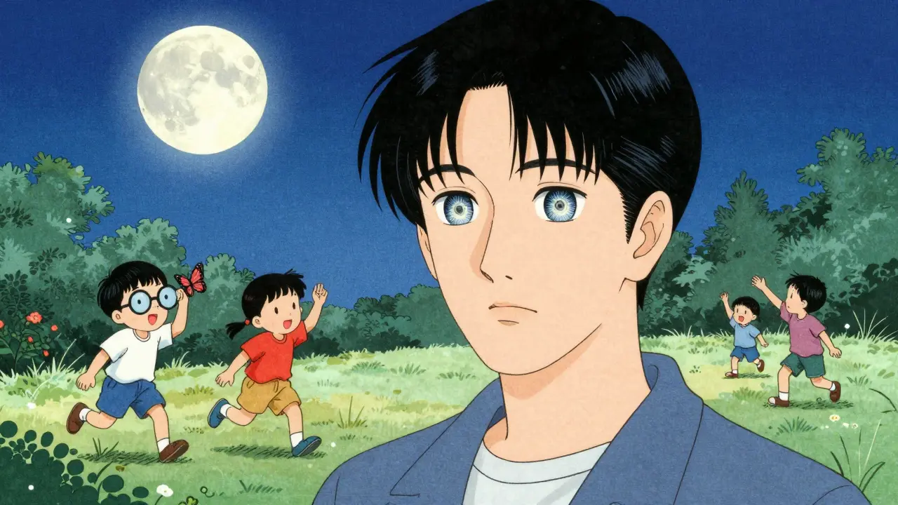 A young adult under the moon with light reshaping their eye, children playing outside as glasses turn to butterflies.