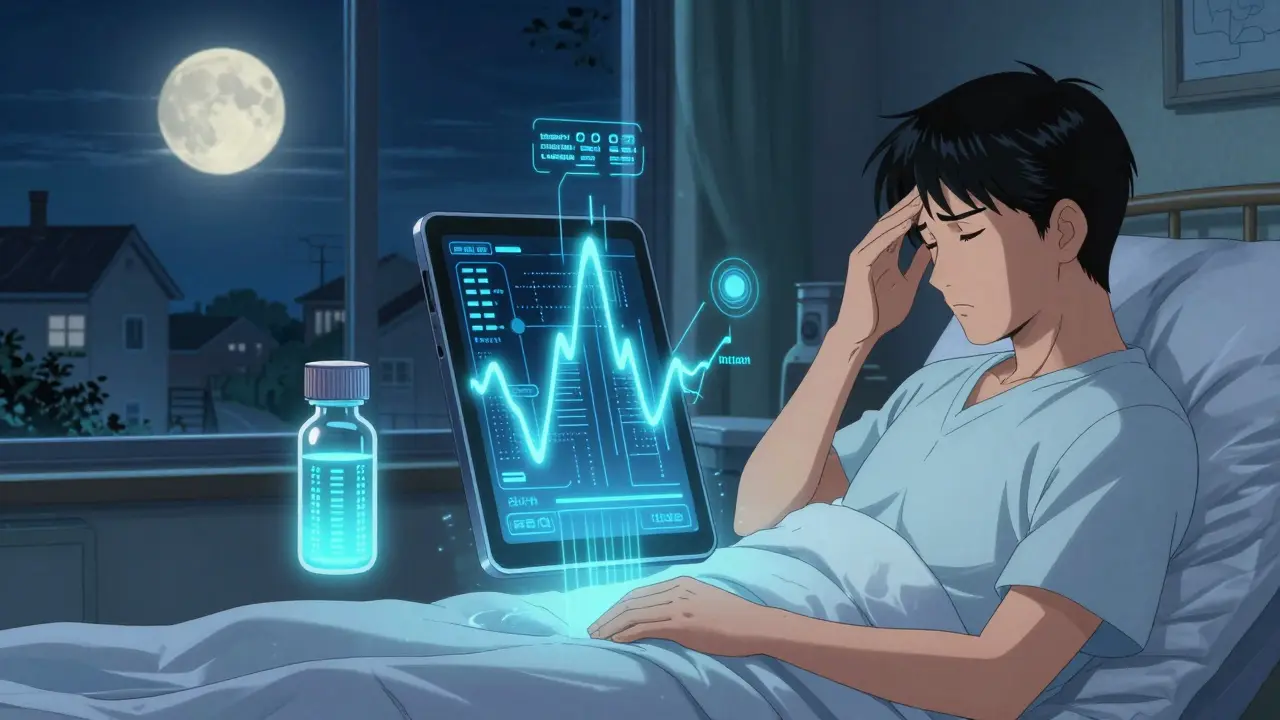AI tablet displaying symptom patterns above a bed at night, with genetic test vial glowing softly under moonlight.