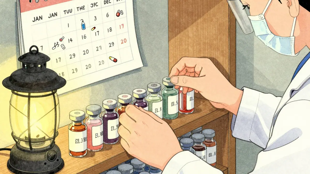 Clinic staff member checking expiration dates on medication vials under warm light, with floating drug icons in traditional Japanese illustration style.