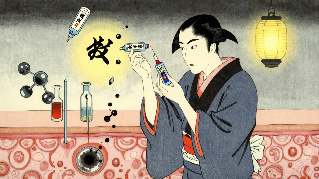 Detective chemist deciphering a topical gel formula amid floating symbols of failed attempts.