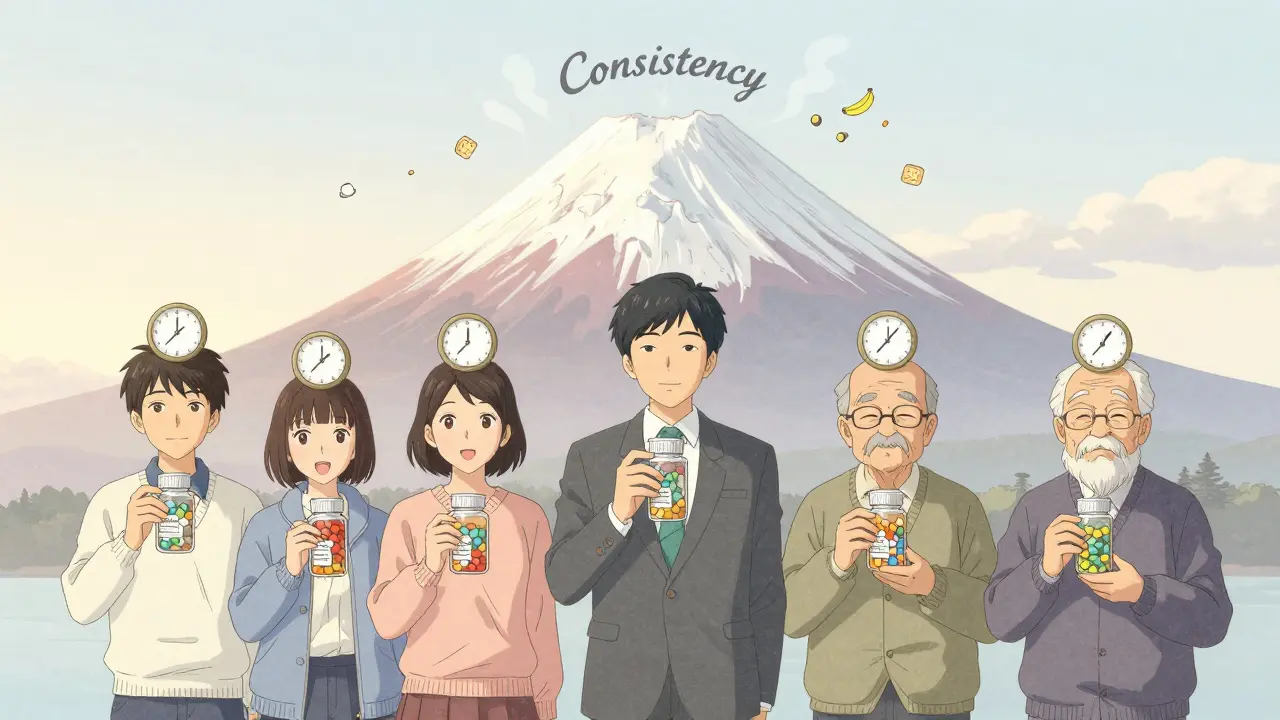 Diverse individuals at 7 a.m. with pill bottles, a mountain-shaped pill bottle behind them, symbolizing consistent timing.
