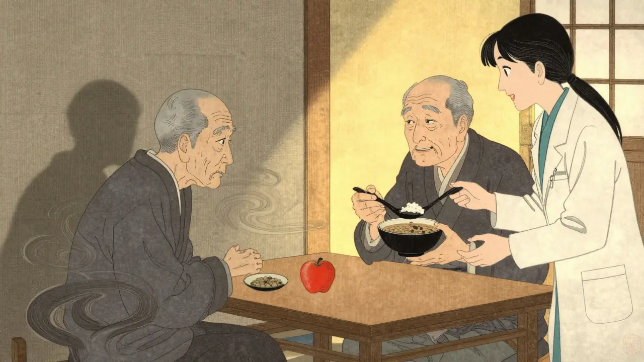 Elderly man divided between loneliness and shared meal with dietitian, shown in traditional Japanese art style.