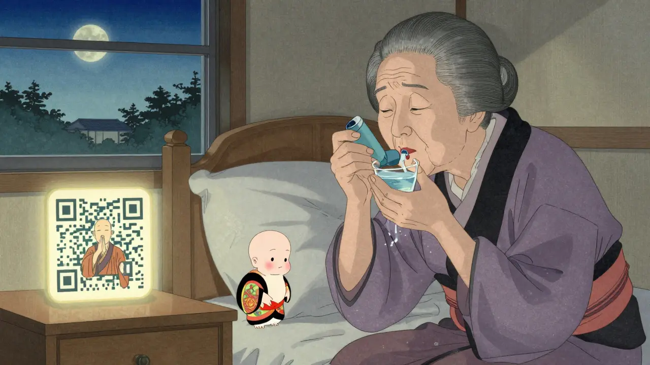 Elderly woman rinsing mouth after inhaler use, with health spirit and QR code nearby.