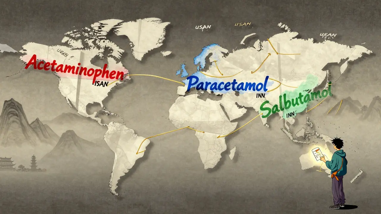 Global map with regional drug names connected by golden threads labeled USAN and INN.