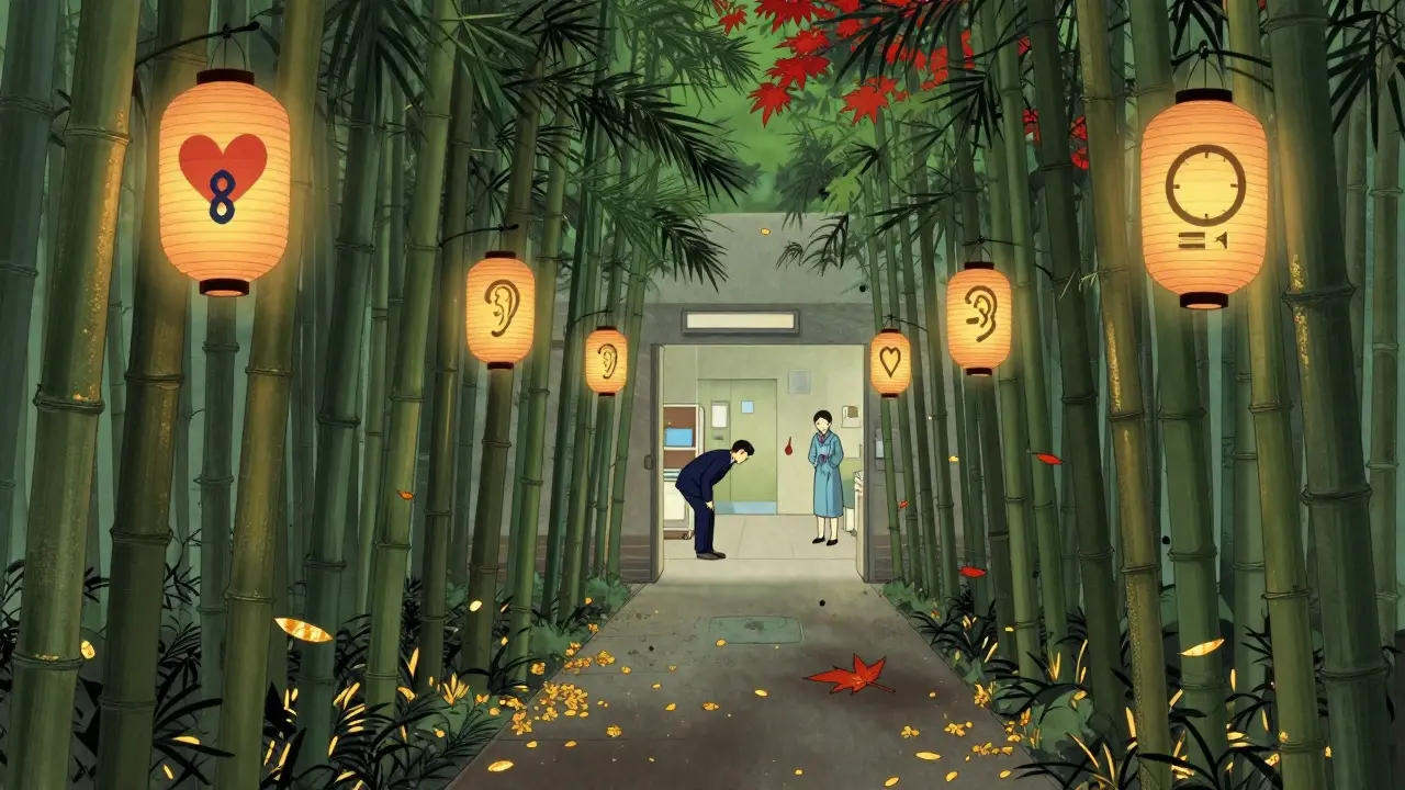 Hospital hallway with glowing lanterns guiding a person through an audio wayfinding system.