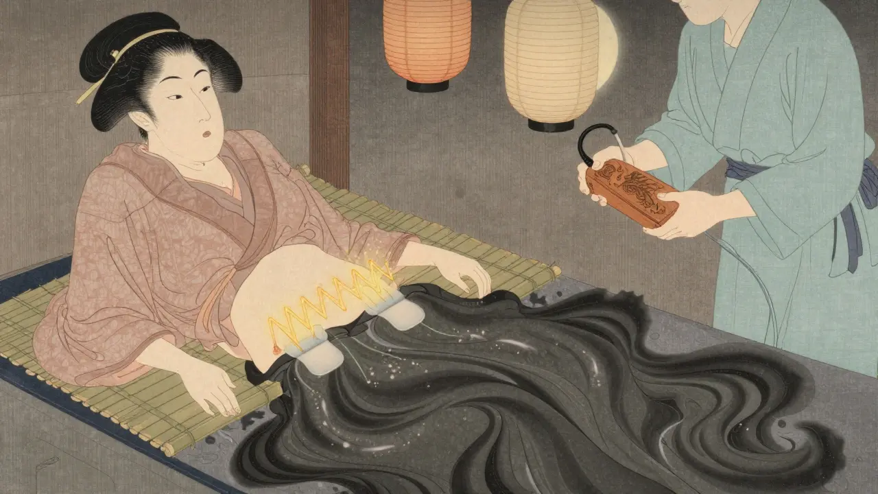 Laboring woman with glowing TENS electrodes, golden pulses countering pain shadows under moonlight