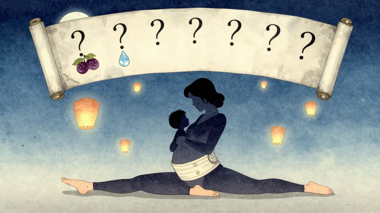 Mother in prenatal yoga with five safety questions above, surrounded by symbols of natural relief under moonlight.