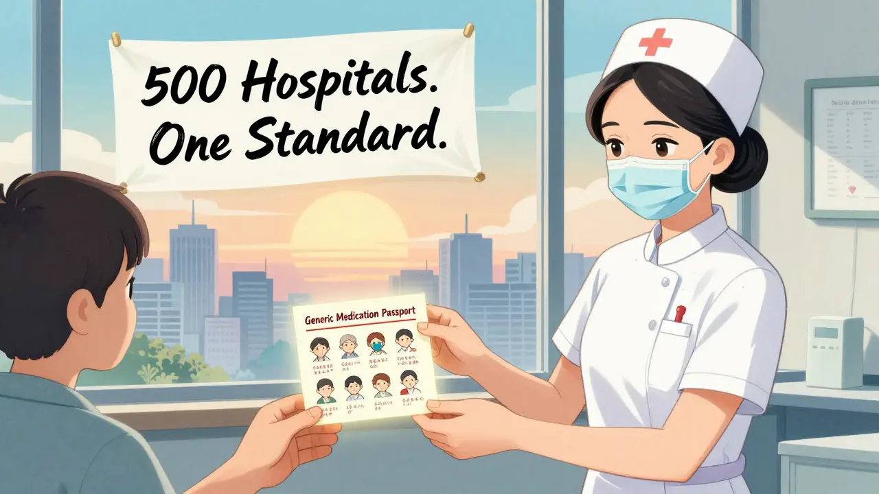 Nurse hands a patient a illustrated medication passport with tiny pill portraits and notes, under a symbolic rising sun.