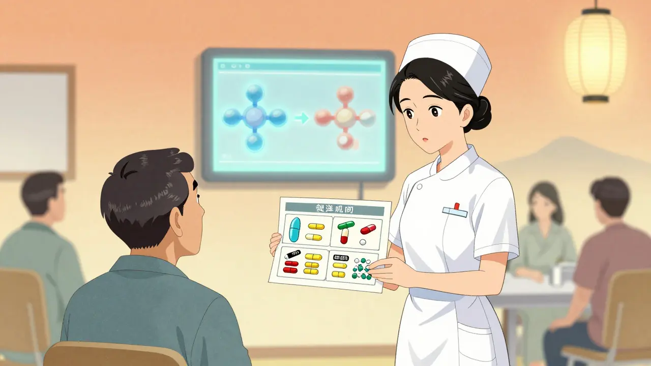 Nurse uses a visual pill comparison guide in a busy hospital bay, with soft light and traditional Japanese aesthetic elements.