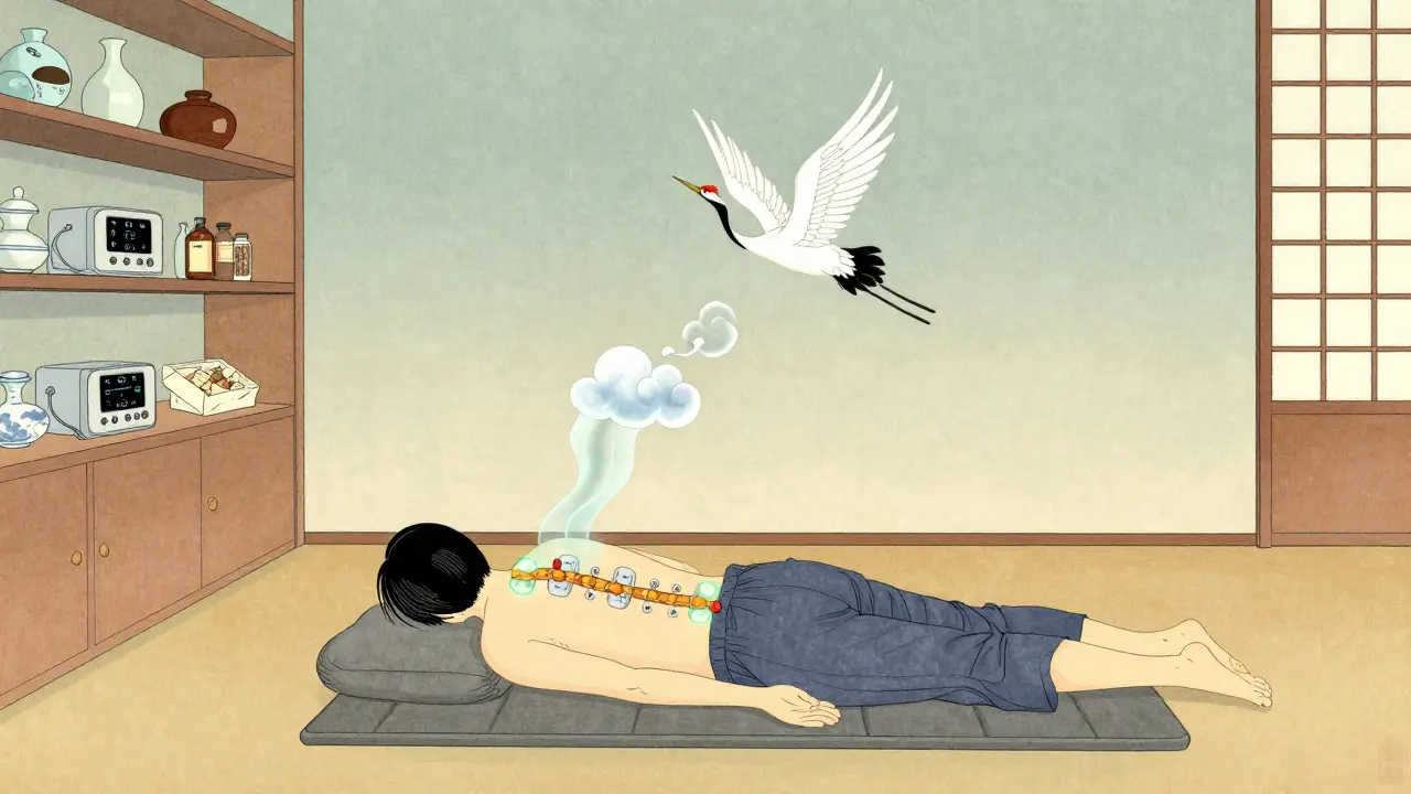 Patient in tea house setting with endorphin crane emerging from TENS pulses, traditional Japanese aesthetic